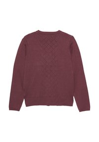 Burgunderfarbener gestrickter Pullover mit einem strukturierten Rautenmuster auf der Rückseite, gerippten Bündchen und Saum. Klassisches Rundhalsausschnitt-Design.