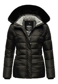 Giacca a vento nera con cappuccio in pelliccia sintetica, tasche con zip, design imbottito e morbida fodera in pile, con un'etichetta interna con il marchio.