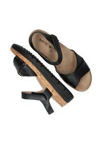 Zwarte leren sandalen met een kurken zool, voorzien van een gestructureerde bovenkant en contrasterende gladde banden. Ontwerp met open achterkant en een stevige rubberen zool.