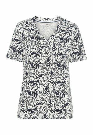 Hvid kortærmet V-hals skjorte med sort og gråt mønster af bladede vinranker over det hele.