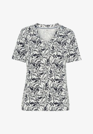T-shirt blanc à manches courtes avec col en V, orné d'un motif de vigne feuillue noir et gris sur toute la surface.