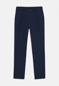 Pantaloni blu navy con chiusura a bottone, fronte plissettata e tasche laterali. Realizzati in tessuto liscio con taglio dritto.