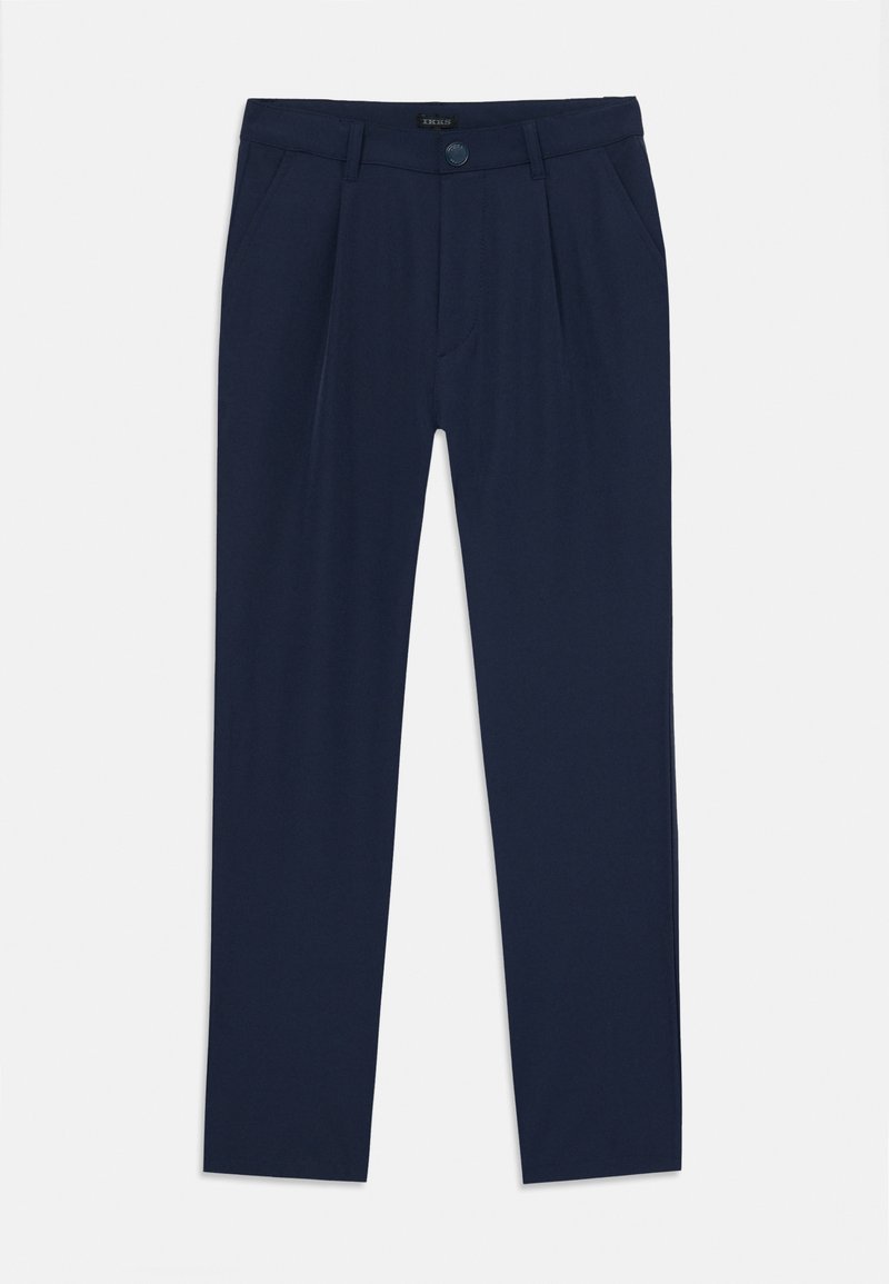 Navy blue trousers featuring a button closure, pleated front, and side pockets. Made of smooth fabric with a straight leg cut.