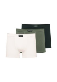 Three men's boxer briefs in cream, olive green, and black, each with a Henderson brand label on the waistband.