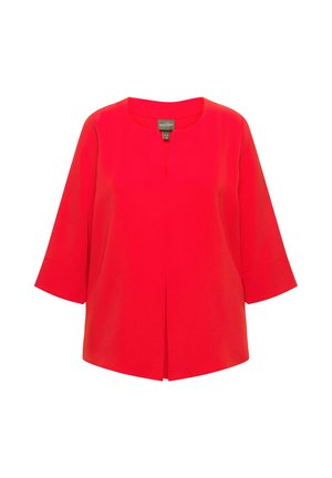 Blouse rouge avec un col rond, des manches de longueur au coude et une fente à l'avant. Fabriquée en tissu lisse, elle présente une coupe décontractée.