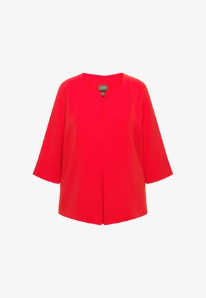 Červená blůza s kulatým výstřihem, rukávy po lokty a předním rozparkem. Vyrobena z hladké tkaniny, má volný střih.