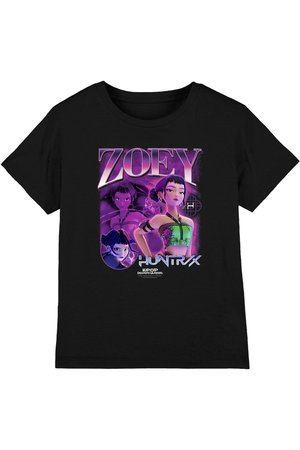 Black t-shirt featuring a purple-toned graphic of Zoey, a female character with short dark hair, in three animated poses and text "HUNTRX K-pop Demon Hunters."