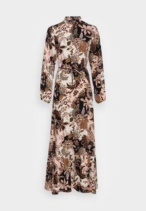 Maxikleid mit langen Ärmeln, hohem Kragen, Binddetail und mehrfarbigem Blumenmuster in den Farbtönen Rosa, Braun, Schwarz und Weiß.