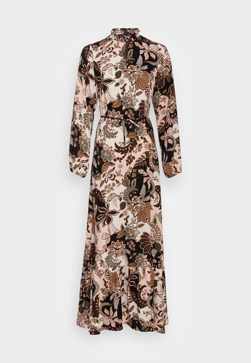 Robe maxi à manches longues avec col montant, détail noué, et motif floral multicolore dans des nuances de rose, marron, noir et blanc.