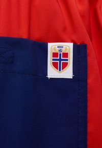 Άσπρη ετικέτα με τη σημαία της Νορβηγίας και το κείμενο "Norge" ραμμένα σε μπλε ύφασμα, τοποθετημένη σε κόκκινο φόντο υφάσματος.