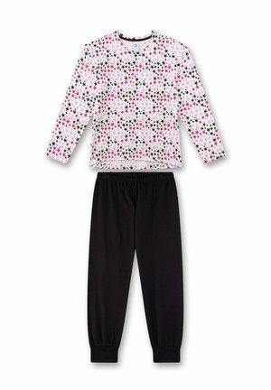 Top bianco a maniche lunghe con motivo di stelle rosse, nere e viola abbinato a pantaloni neri semplici con vita elasticizzata e risvolti alle caviglie.