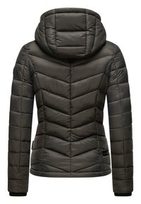 Veste matelassée gris foncé avec capuche attachée, motif matelassé en chevron et manches longues, vue de dos.