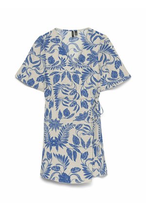 Lühike koorekollane kleit sinise lille- ja lehemustriga, lühikeste lahtiste varrukatega, vööga talje ümber seotud.