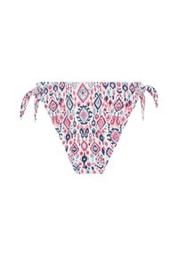 Bikini-Höschen mit weißem Grund und einem mehrfarbigen geometrischen Muster in Rosa, Blau und Marine, mit verstellbaren Bindebändern an den Seiten.