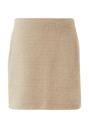 Beiger gewebter Minirock mit strukturierter Oberfläche, der eine schlichte, strukturierte Form und einen klaren Saum ohne zusätzliche Verzierungen aufweist.