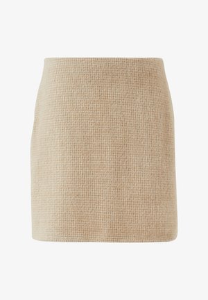 Beiger gewebter Minirock mit strukturierter Oberfläche, der eine schlichte, strukturierte Form und einen klaren Saum ohne zusätzliche Verzierungen aufweist.
