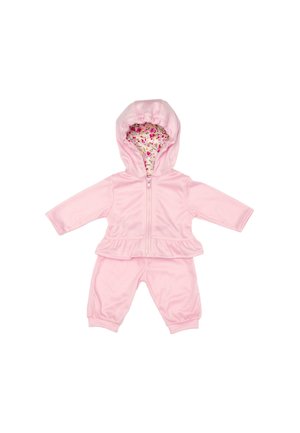 Tenue bébé rose douce avec veste à capuche avec doublure intérieure fleurie et pantalon assorti avec poignets élastiques.