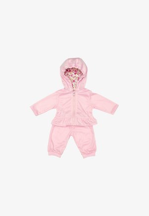 Zacht roze babyoutfit met een capuchonvest met bloemenprint aan de binnenkant en bijpassende broek met elastische boorden.