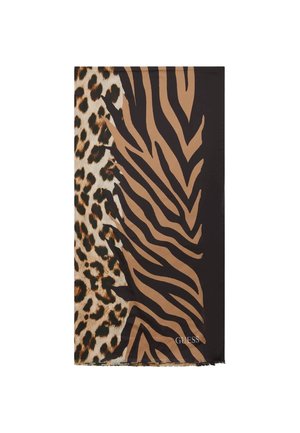 Écharpe avec imprimés animaux mélangés : taches de léopard à gauche et rayures zébrées marron et noires à droite, marquée "GUESS" dans le coin inférieur.
