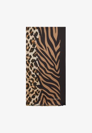 Écharpe avec imprimés animaux mélangés : taches de léopard à gauche et rayures zébrées marron et noires à droite, marquée "GUESS" dans le coin inférieur.