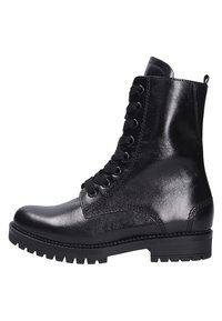Schwarze Leder-Midcut-Boots mit Schnürung, runder Zehenpartie, strukturiertem Obermaterial und einer strapazierfähigen Gummisohle mit niedrigem Absatz.
