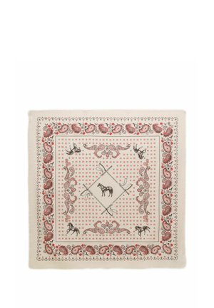 Square scarf with beige background, featuring a central horse, crossed polo mallets, paisley patterns, and decorative floral borders in red and brown.