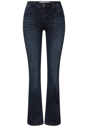 Tmavě modré rozšířené džíny z denimu, s vysokým pasem, pěti kapsami a kontrastním prošitím. Hladká textura s mírným pružením.