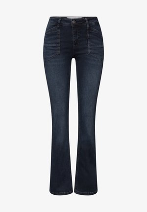 Jeans svasati blu scuro in denim, con vita alta, cinque tasche e cuciture a contrasto. Tessuto liscio con leggero effetto stretch.