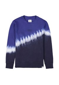 Sudadera de teñido anudado azul con un degradado de azul marino oscuro a azul claro, tela texturizada, puños acanalados y un pequeño texto bordado.