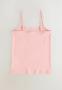 Pink tank top with adjustable spaghetti straps, made of soft cotton fabric, featuring a delicate floral pattern throughout.