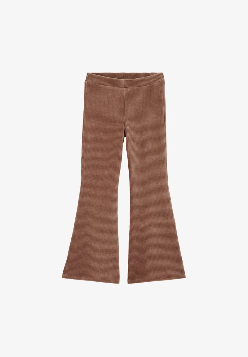 Pantalon marron en velours côtelé à jambes évasées et taille élastiquée, posé à plat sur fond blanc.