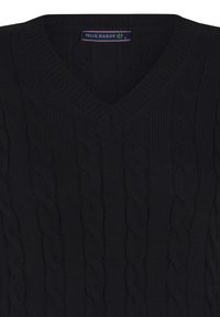 Maglione nero a trecce con scollo a V, etichetta Felix Hardy all'interno del colletto, taglia small.