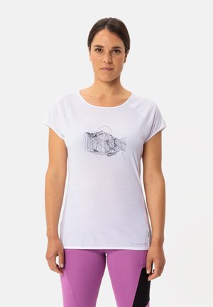 White, short-sleeve athletic t-shirt with a mountain line drawing on the front. Soft fabric, round neckline, relaxed fit, paired with pink leggings.