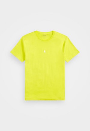 T-shirt jaune vif à manches courtes avec col rond et petit logo blanc de cheval centré sur la poitrine.