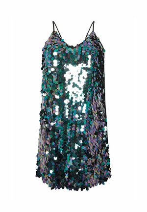 Black sequined tank dress with thin straps, featuring iridescent round sequins that reflect varying shades of green, blue, and silver.