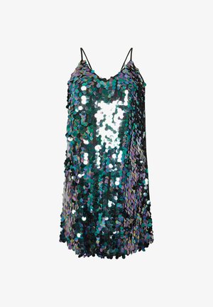 Vestito a canotta nero con paillettes, dotato di spalline sottili, caratterizzato da paillettes rotonde iridescenti che riflettono diverse sfumature di verde, blu e argento.