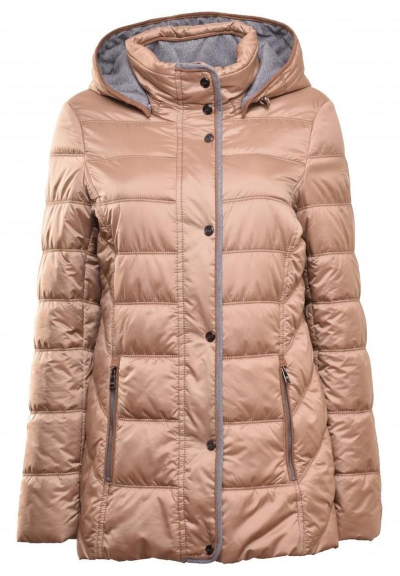 Beige pufferjakke med hætte, der har lynlås- og knaplukning, quiltet design og to sidelommer med grå accenter.