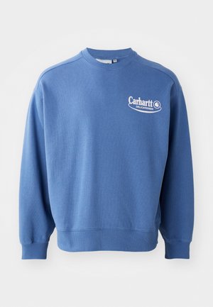 Blaues Baumwoll-Sweatshirt mit Rundhalsausschnitt und gerippten Bündchen. Mit weißem Carhartt Delicatessen-Logo auf der linken Brust.