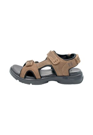 Sandalia de cuero marrón con correas de velcro ajustables y suela acolchada negra diseñada para comodidad y soporte.