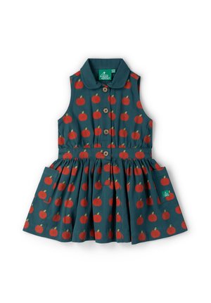 Ärmelloses dunkelgrünes Kleid mit Kragen, braunen Knöpfen vorn, Apfelmuster, gerafftem Rock und aufgesetzter Tasche auf der rechten Seite.