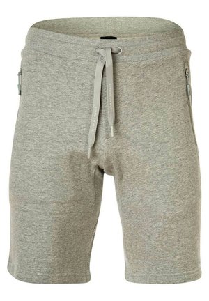 Pantaloni corti grigi realizzati in un morbido tessuto misto cotone. Presentano un orlo elastico con cordino regolabile e tasche laterali con zip.