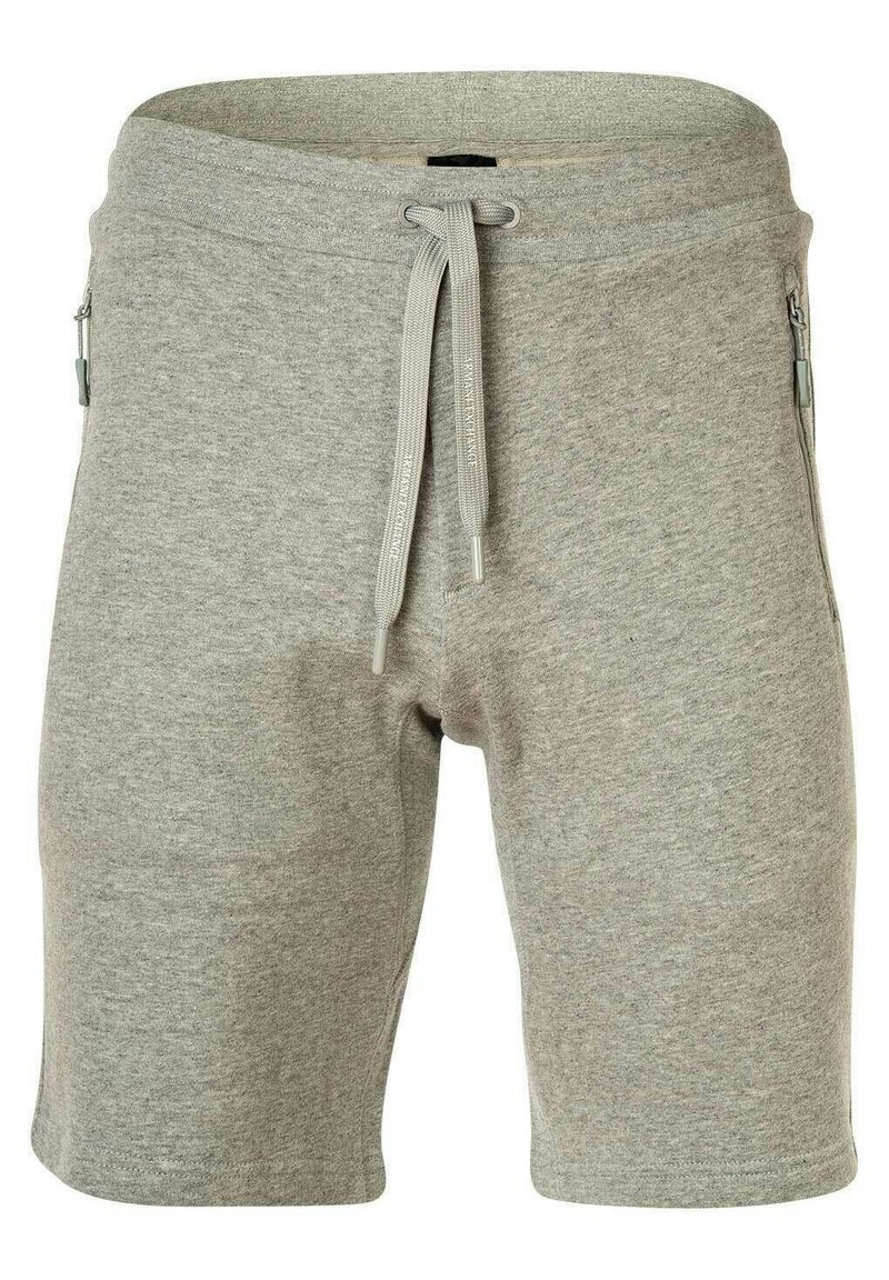 Bermudas grises hechas de un suave material de algodón mezclado. Presentan una cinturilla elástica con cordón ajustable y bolsillos laterales con cremallera.