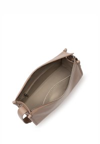 Borsa in pelle di un marrone chiaro, con chiusura a zip, superficie liscia, interno spazioso e una piccola maniglia per un facile trasporto.