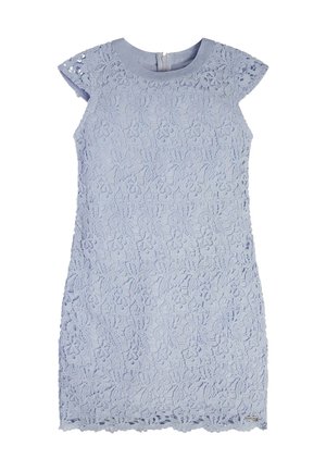 Robe sans manches en dentelle violet clair avec motifs floraux, col rond et fermeture éclair au dos.
