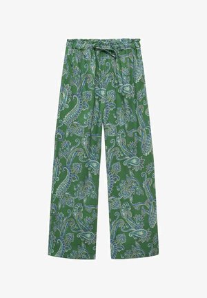 Zelene hlače širokih nogavica s paisley uzorkom, elastičnim pojasom i vezicom. Tkanina ima glatku teksturu i sadrži intrikatne plave akcentue.