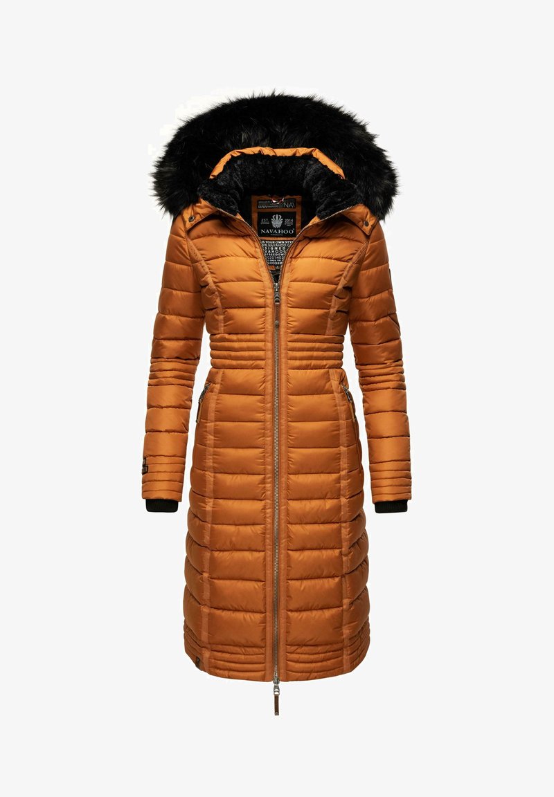 Padded orange coat with a black fur-lined hood, zip closure, side pockets, and ribbed cuffs. Features horizontal stitching and a fitted waist.
