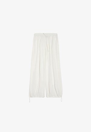 Pantaloni bianchi larghi con vita elastica e coulisse regolabili in vita e ai polsini, tessuto arricciato per una vestibilità comoda.