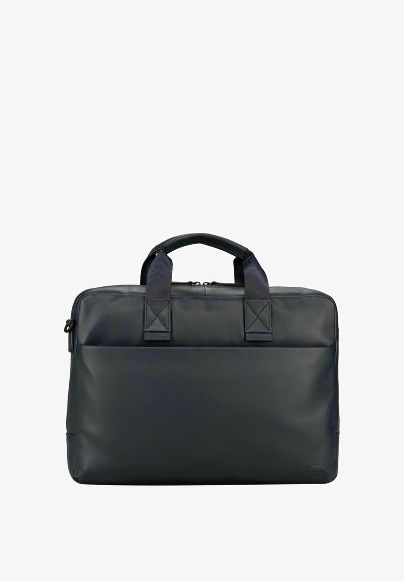 Marineblaue Leder-Laptoptasche mit zwei robusten Griffen, Reißverschluss und einer Vordertasche. Glatte Textur, rechteckiges Design und minimale Beschläge.