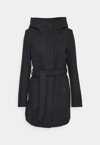 Manteau gris foncé de longueur genou avec capuche, manches longues, ceinture à l'avant et fermeture à boutons dissimulée.