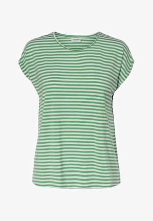 Grøn- og hvidstribet kortærmet T-shirt lavet af blødt stof, med rund halsudskæring og løs pasform. De horisontale striber er ensartede.